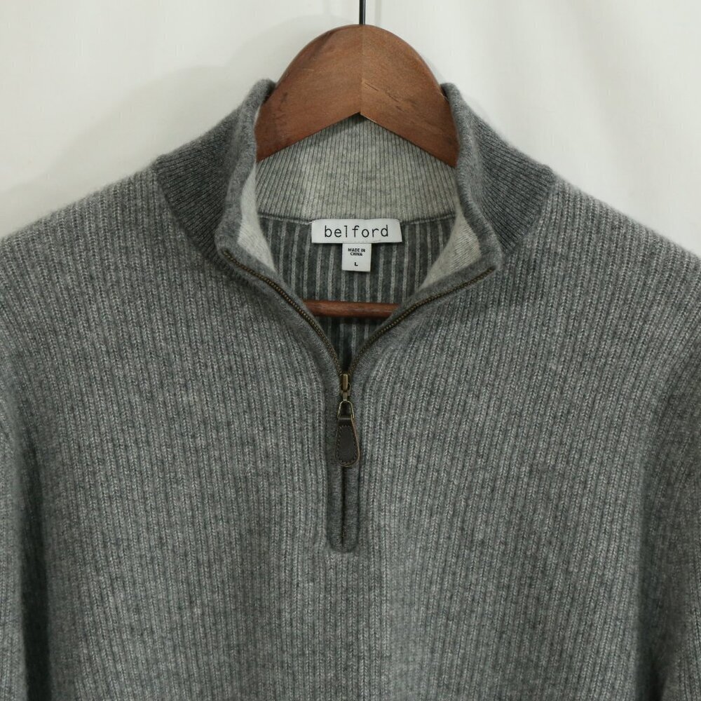 Belford 100% Cashmere Quarter Zip Sweater – Men’s Large Gray Rib Knit Pullover